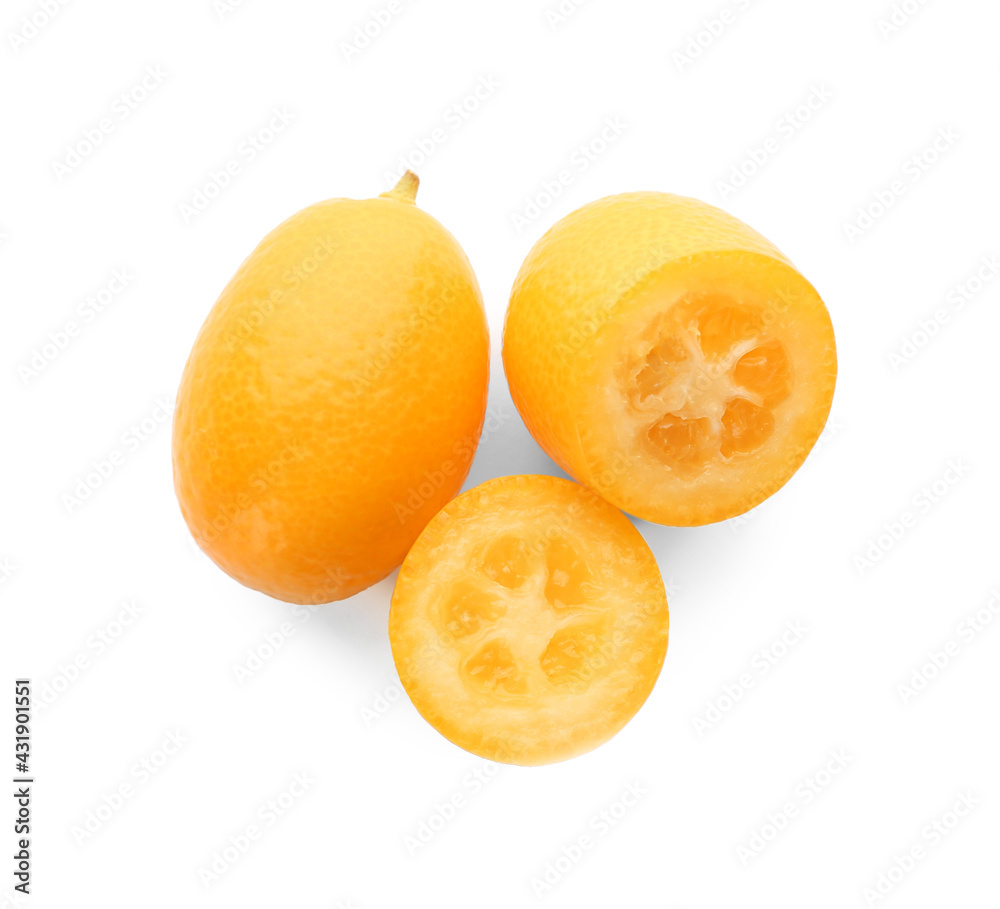 Cut and whole fresh kumquats on white background, top view Cut and whole fresh kumquats on white background, top view