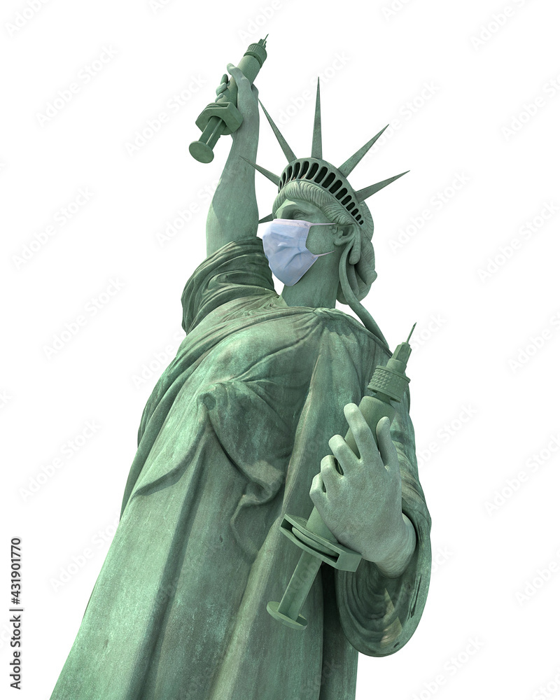Fototapeta premium masked statue of liberty presenting covid vacine and sringe, isolated
