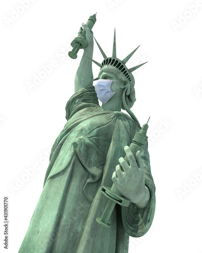 masked statue of liberty presenting covid vacine and sringe, isolated