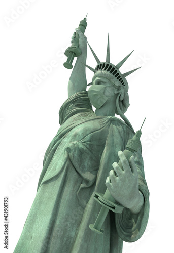 masked statue of liberty presenting covid vacine and sringe, isolated