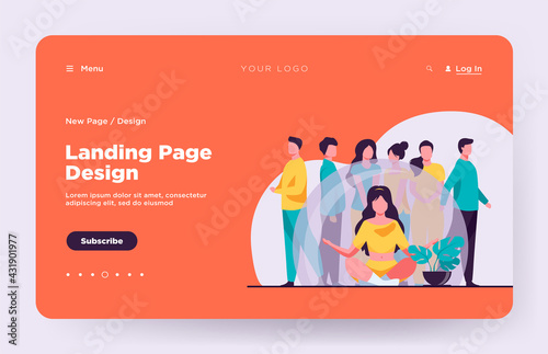 Woman sitting in lotus pose in transparent bulb. Group of people standing outside flat vector illustration. Isolation, social distance concept for banner, website design or landing web page