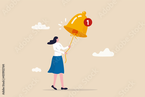 Ring subscription bell to get reminder for new social media content, young woman new subscriber ringing the big bell with notification number.