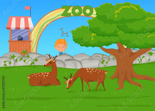 Child with animal balloon looking at deer in zoo illustration. Spotted mammals with antlers lying and eating grass near tree. Zoo, nature, holiday, wildlife, family activity concept