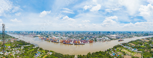 Aerial view bangkok port of cargo container ship. Business logistic transportation sea freight, Cargo ship,