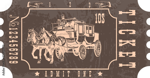 vector image of a stagecoach ticket in vintage style with the image of an old horse drawn omnibus