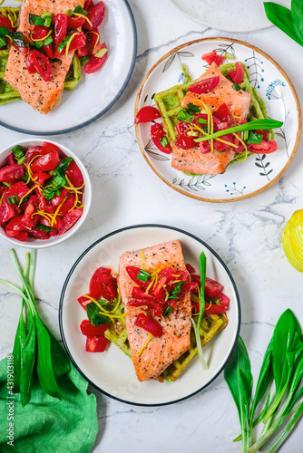 Waffles with wild garlic and salmon..style rustic