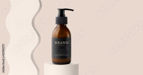 Cosmetic bottle with pump on cylinder podium stage and wave decor 3d realistic vector illustration. Mockup skincare product banner