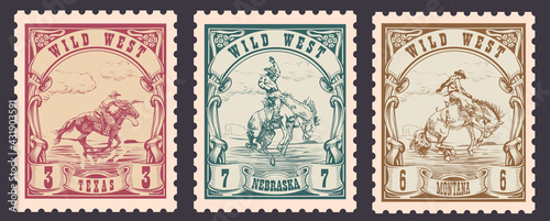 vector image of a cowboy on a horse in the form of a postage stamp printing on paper and t-shirt	