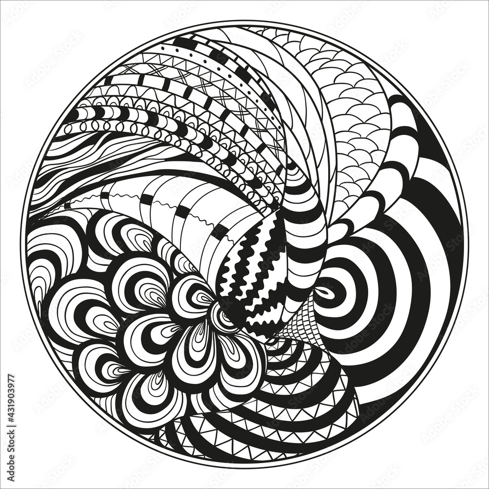 Zendala. Zentangle. Hand drawn circle mandala with abstract patterns on