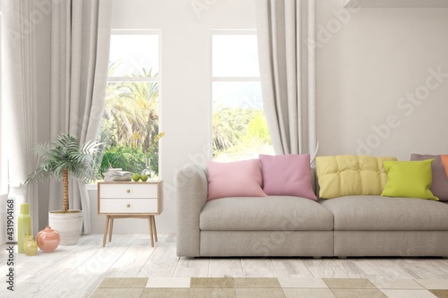 White living room with sofa and summer landscape in window. Scandinavian interior design. 3D illustration