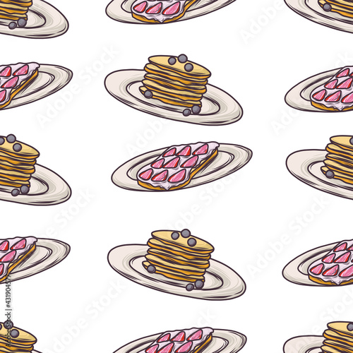 Seamless pattern with pancakes with berries and toast bread with cream and strawberry in the plates
