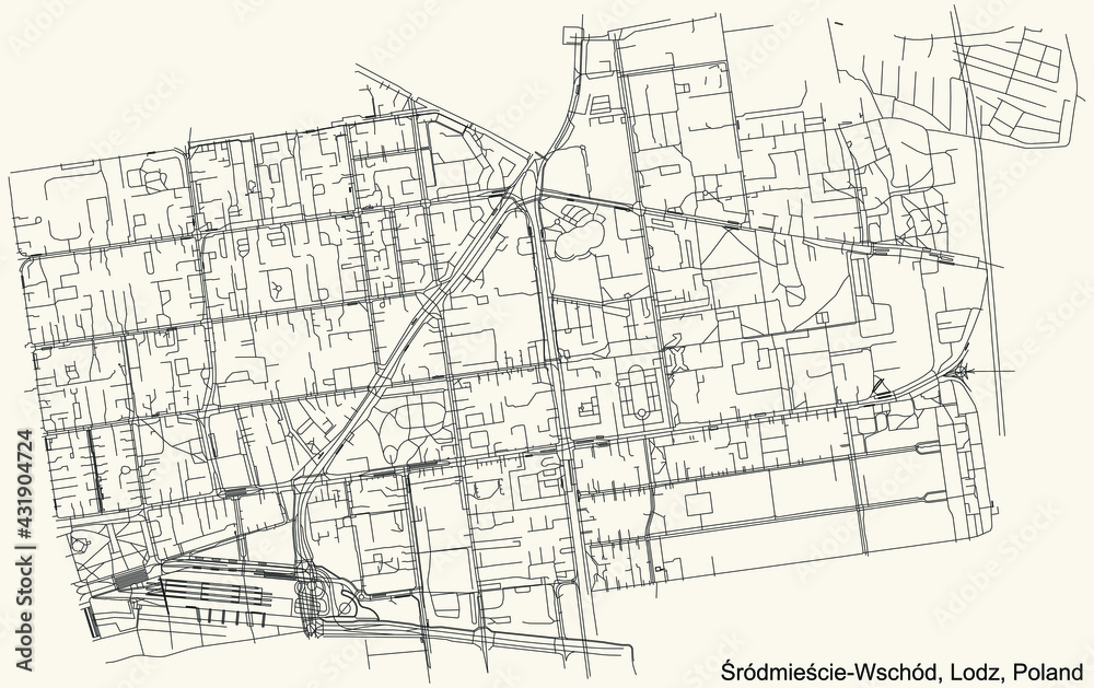 Naklejka premium Black simple detailed street roads map on vintage beige background of the quarter Śródmieście-Wschód district of Lodz, Poland