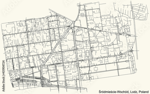 Black simple detailed street roads map on vintage beige background of the quarter Śródmieście-Wschód district of Lodz, Poland
