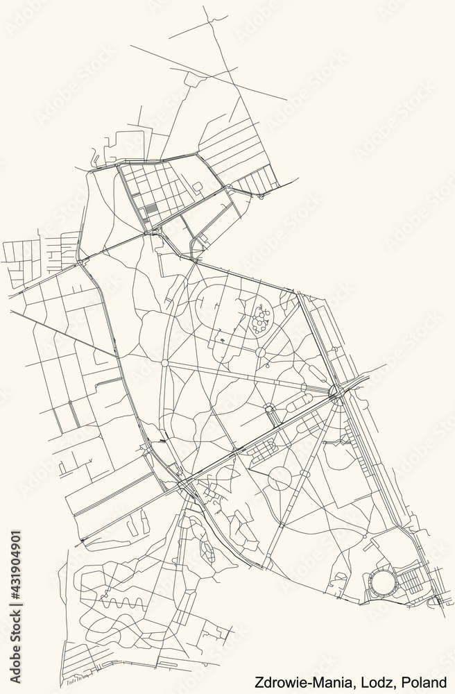 Naklejka premium Black simple detailed street roads map on vintage beige background of the quarter Zdrowie-Mania district of Lodz, Poland