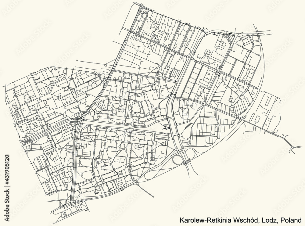 Black simple detailed street roads map on vintage beige background of the quarter Karolew-Retkinia Wschód district of Lodz, Poland
