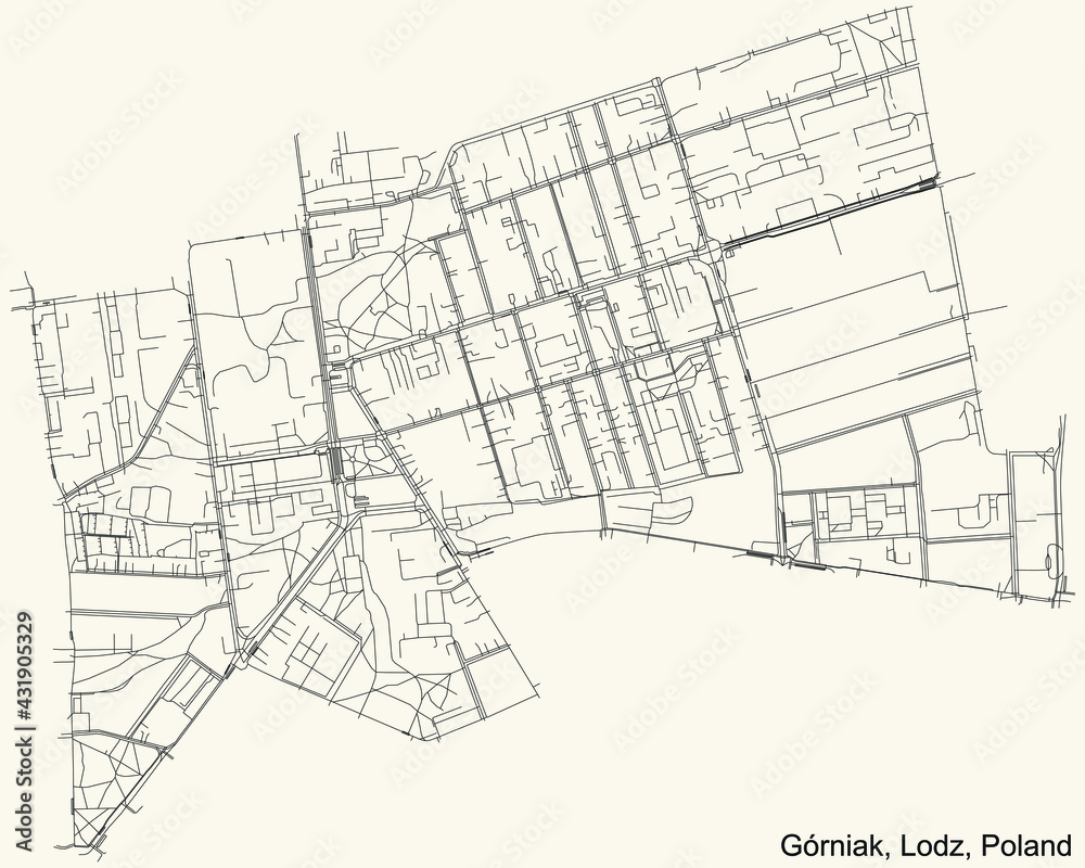 Black simple detailed street roads map on vintage beige background of the quarter Górniak district of Lodz, Poland