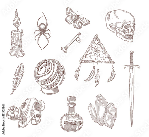 Spooky gothic symbols engraved illustrations set. Hand drawn sketch of medieval black magic elements, skulls, spider, dreamcatcher isolated on white background. Tattoo, death, evil, witchcraft concept