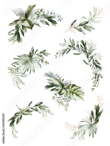 Set of bouquets with gold and green branches on a white background