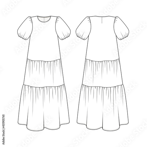 Fashion technical drawing puff sleeve summer tiered dress.