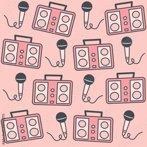 cute lovely seamless vector pattern background illustration with vintage boombox and microphones