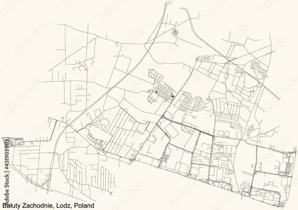 Black simple detailed street roads map on vintage beige background of the quarter Bałuty Zachodnie district of Lodz, Poland