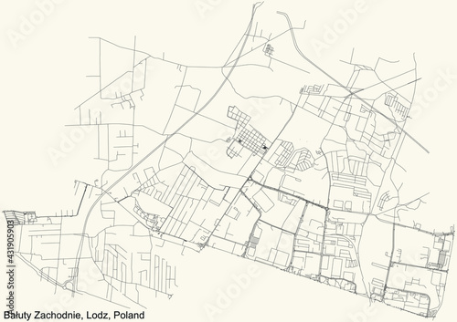 Black simple detailed street roads map on vintage beige background of the quarter Bałuty Zachodnie district of Lodz, Poland
