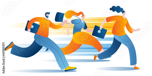 Men and women in casual clothes with laptops are running fast. The concept of a vector illustration on the topic of tardiness and time management.