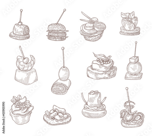 Hand drawing canape elements vector illustration collection. Engraving appetizers on sticks with cheese, bread, olive, shrimp, vegetables and salad vintage sketch. Starter dish and banquet concept
