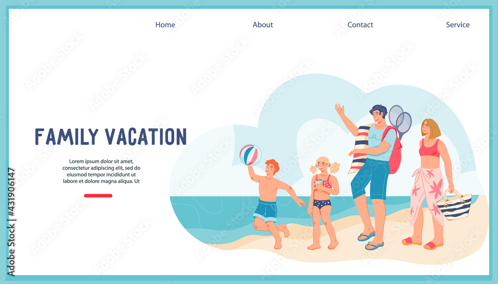 Summer family vacation web banner concept with happy family on the beach, flat vector illustration. Website interface for family joint summer vacation at sea. Summer family vacation web banner concept with happy family on the beach, flat vector illustration. Website interface for family joint summer vacation at sea.
