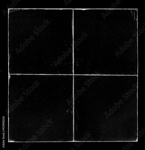 Old Black Square Empty Ripped Folded Torn Cardboard Paper Poster. Grunge Scratched Old Shabby Surface. Distressed Overlay Texture for Collage. 