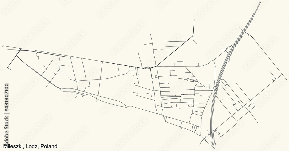 Black simple detailed street roads map on vintage beige background of the quarter Mileszki district of Lodz, Poland