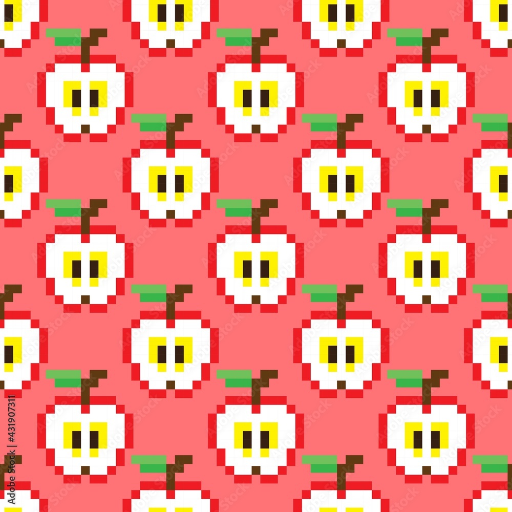 Naklejka premium Apple's pixel art pattern. Pattern pixel art. Pattern fruit. Pixel apple Seamless Pattern, background.