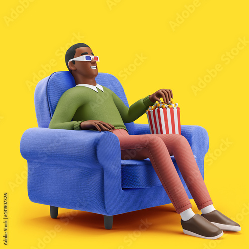 Bild auf Leinwand Cheerful young African man watching a movie in a cinema chair with popcorn