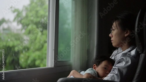 Tired Mother Suffering from experiencing postnatal depression.Health care single mom motherhood stressful.