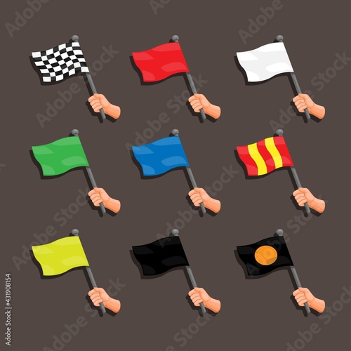Racing flag with hand, marshall instruction symbol set cartoon illustration vector