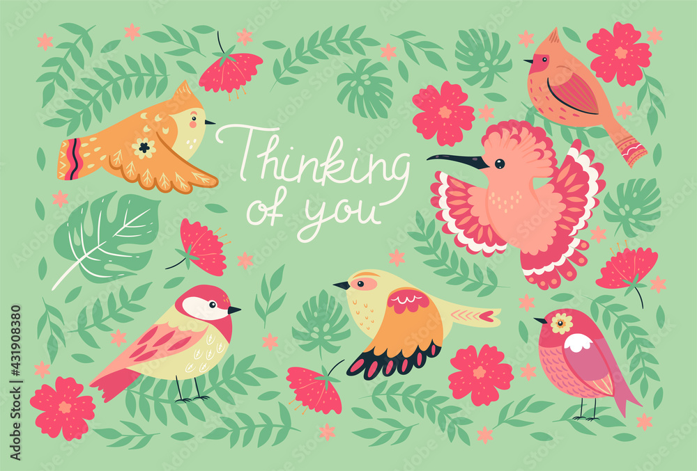 custom made wallpaper toronto digitalGreeting card with birds and the words thinking of you. Vector graphics.