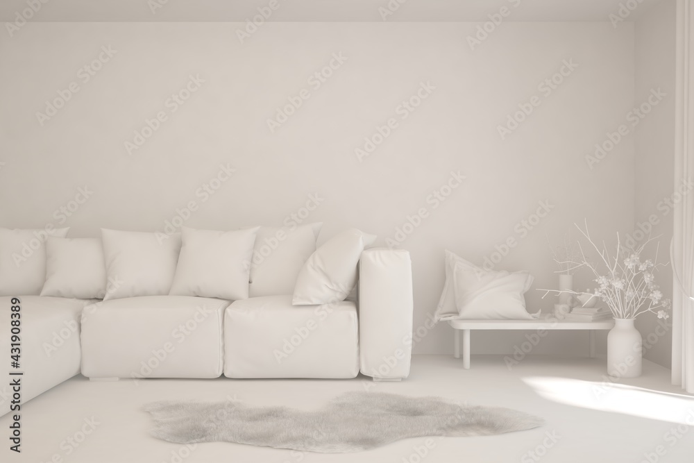 Fototapeta premium White minimalist living room with sofa. Scandinavian interior design. 3D illustration