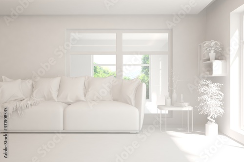 White minimalist living room with sofa. Scandinavian interior design. 3D illustration