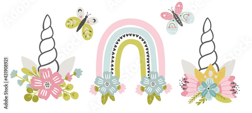 Set of Unicorn horns, rainbows and butterflies decorated with flowers. Nursery clipart, baby room decoration, whimsical cute unicorn clipart
