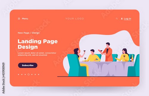 Happy people enjoying wine tasting. Party, dining table, toast flat vector illustration. Celebration, ceremony, festive event concept for banner, website design or landing web page