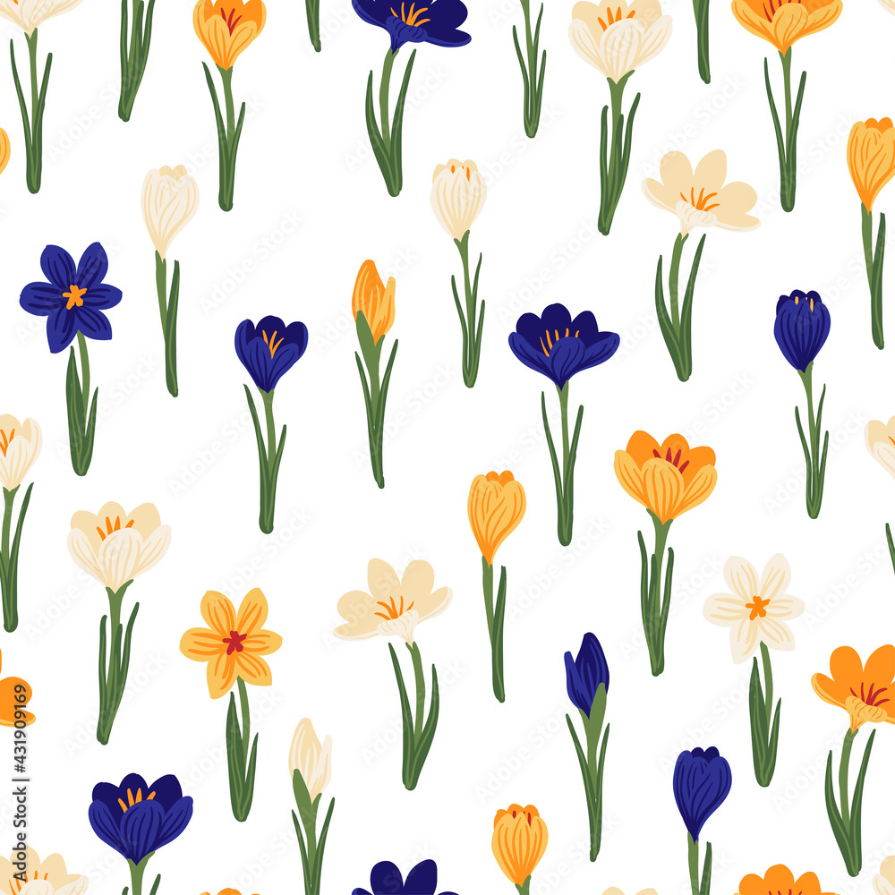 Spring flower crocus, saffron floral seamless pattern. Background for wrapping paper, textile, fabric, wallpaper, scrapbook, congratulation Easter, Happy Mothers and Womens Day. Flat cartoon design Spring flower crocus, saffron floral seamless pattern. Background for wrapping paper, textile, fabric, wallpaper, scrapbook, congratulation Easter, Happy Mothers and Womens Day. Flat cartoon design