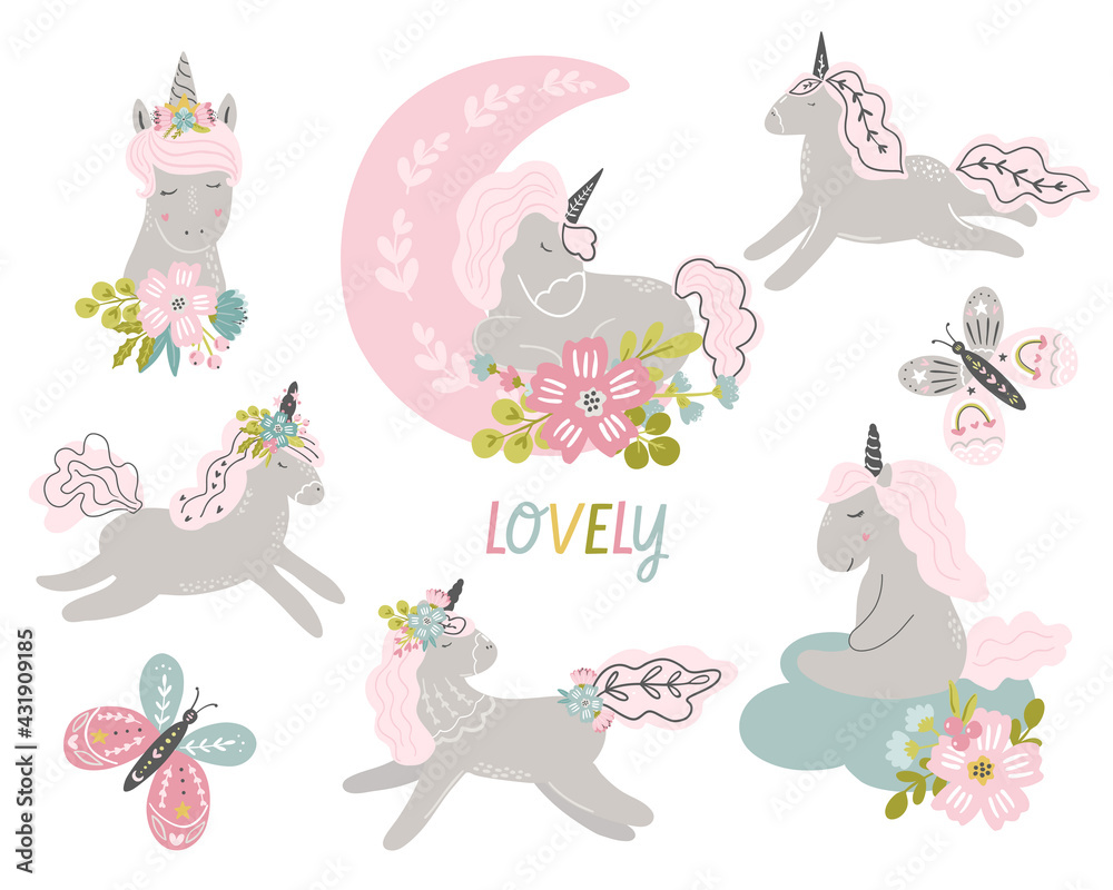 Set of hand drawn cute unicorn animal clipart in whimsical scandinavian vector style for baby and nursery banner, card, stationery design