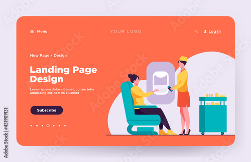 Flight attendant giving water to female passenger. Service, airplane, beverage flat vector illustration. Travelling and vacation concept for banner, website design or landing web page