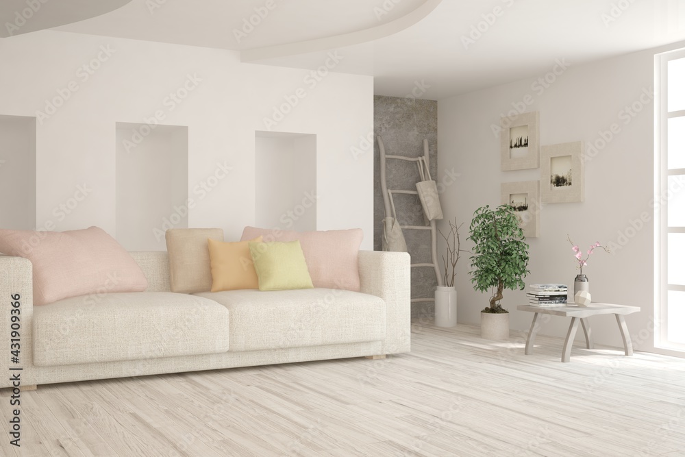 White living room with sofa. Scandinavian interior design. 3D illustration White living room with sofa. Scandinavian interior design. 3D illustration