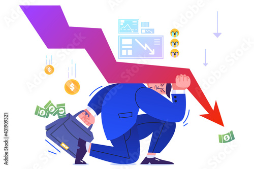 Financial crisis, business failure, economy crash, bankruptcy unpaid loan debt. Down arrow pressure on shareholder. Flat man resist losing profits. Global economic money problem,depressed entrepreneur