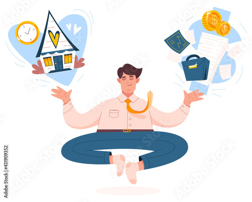 Work life balance concept. Businessman meditates, keep harmony or wellbeing. Flat man choose between leisure and business, family and money, job and house, finance stability, career and relax, healthy