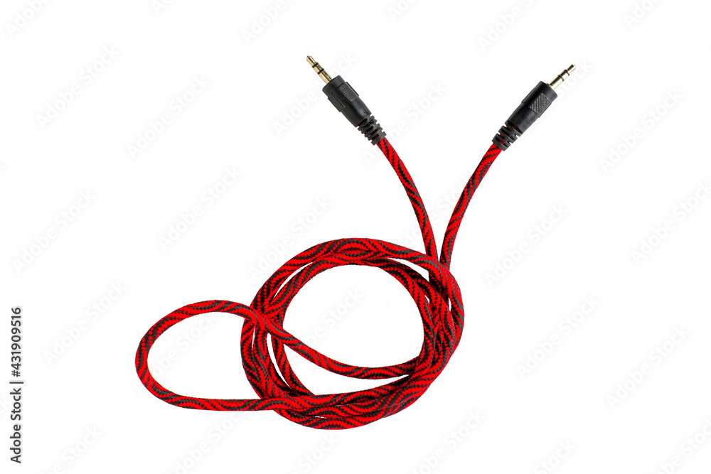 Wire with 3.5mm plug. Cable on a white background. Audio extension cable. Isolated Wire with 3.5mm plug. Cable on a white background. Audio extension cable. Isolated