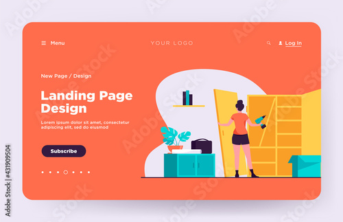 Woman repairing wardrobe with hand drill. Door, wood, assembly flat vector illustration. Furniture and renovation concept for banner, website design or landing web page