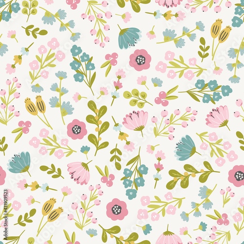 Seamless floral pattern design with sweet vector hand drawn flowers for kids and baby products, fabric, wallpaper, stationery. Meadow floral digital paper