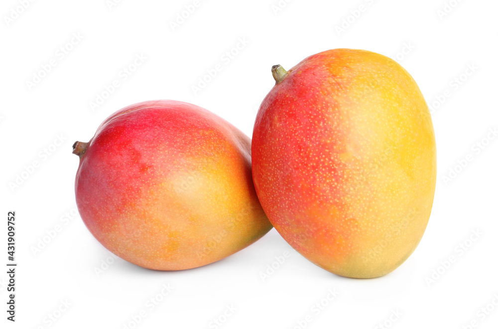 Delicious ripe juicy mangoes on white background Delicious ripe juicy mangoes on white background